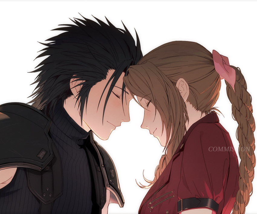 1boy 1girl aerith_gainsborough armor black_hair braid braided_ponytail brown_hair closed_eyes closed_mouth commentary commission couple crisis_core_final_fantasy_vii drill_hair drill_sidelocks final_fantasy final_fantasy_vii final_fantasy_vii_rebirth final_fantasy_vii_remake forehead-to-forehead from_side hair_ribbon hair_slicked_back heads_together highres jacket light_blush long_hair parted_bangs pink_ribbon profile red_jacket ribbon short_sleeves shoulder_armor sidelocks sleeveless sleeveless_turtleneck smile sophie_(693432) spiky_hair sweater turtleneck turtleneck_sweater upper_body white_background zack_fair