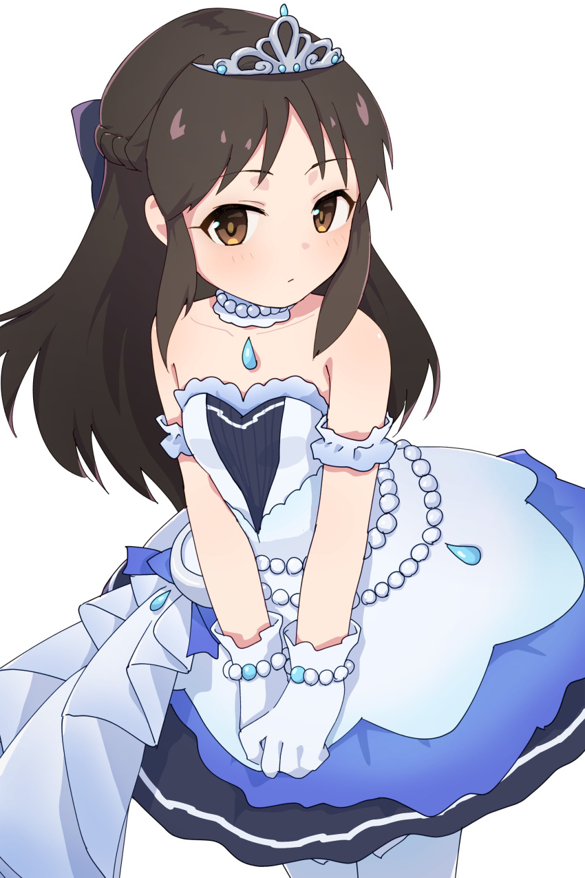 1girl absurdres arm_garter bare_shoulders black_hair blush bracelet brown_eyes dress expressionless flat_chest gloves highres idolmaster idolmaster_cinderella_girls jewelry long_hair looking_at_viewer montamo739 own_hands_together pearl_bracelet pearl_choker simple_background solo starry_sky_bright_(idolmaster) strapless strapless_dress tachibana_arisu tiara white_background white_dress white_gloves