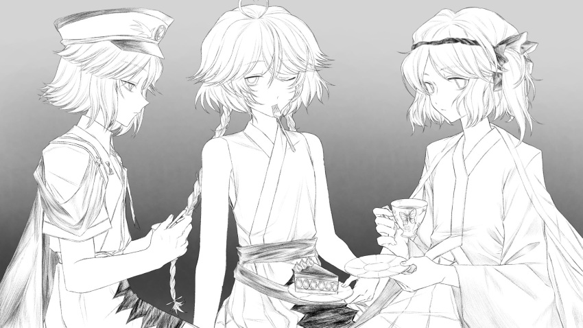 3others androgynous braid cape chinese_commentary closed_mouth coat coat_on_shoulders commentary_request cup fork fujiwara_no_iyozane fujiwara_no_shirogane_no_sanra gas_wf gradient_background greyscale hachimaki hakama hakama_skirt hat headband highres holding holding_cup holding_plate japanese_clothes kimono len'en long_sleeves monochrome multiple_others nejiri_hachimaki one_eye_closed ooama_no_ake_no_mitori other_focus plate short_hair short_sleeves siblings skirt sleeveless sleeveless_kimono teacup twin_braids utensil_in_mouth wide_sleeves