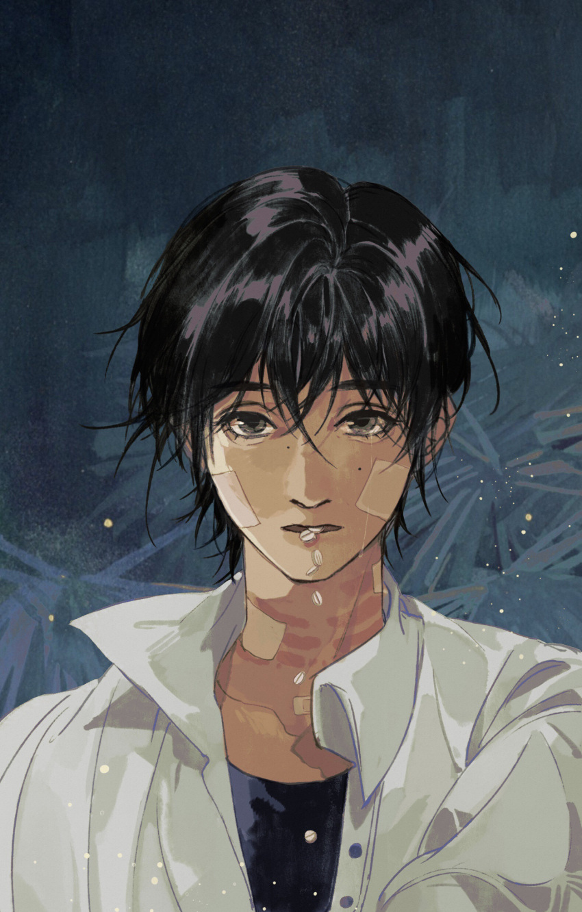 1boy absurdres bandage_on_face bandages bandaid bandaid_on_face black_eyes black_hair black_shirt collared_shirt crossed_bangs crying crying_with_eyes_open hair_between_eyes highres looking_at_viewer male_focus mengxiaheqing mole mole_under_eye original parted_lips pill shirt short_hair solo tears upper_body white_shirt