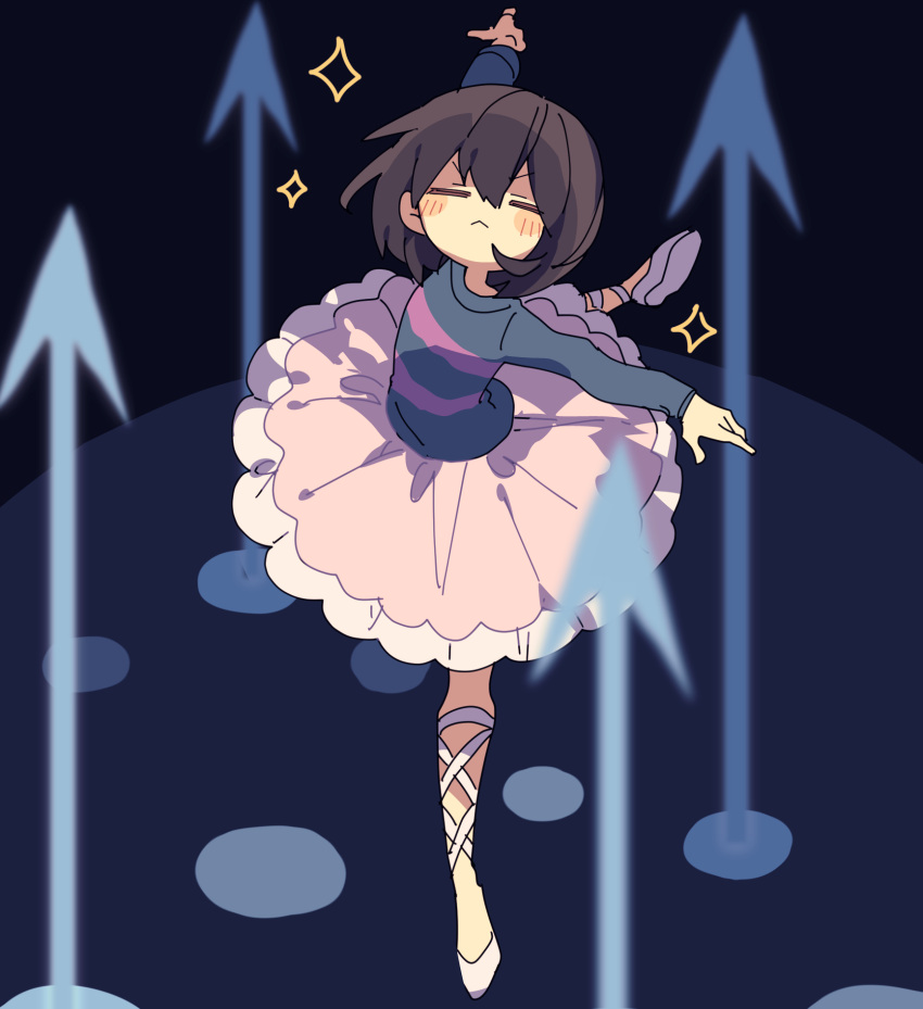 1other ballerina ballet_slippers black_background blue_shirt blush brown_hair child closed_eyes closed_mouth facing_viewer frisk_(undertale) full_body hair_between_eyes highres long_sleeves nikorashi-ka official_alternate_costume outstretched_arms pink_skirt polearm purple_shirt shirt short_hair skirt sparkle spear standing standing_on_one_leg striped_clothes striped_shirt tutu undertale v-shaped_eyebrows weapon white_footwear