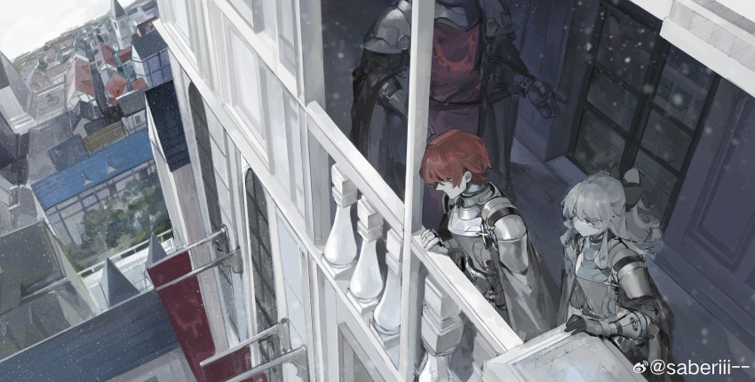 1girl 2boys absurdres armor balcony black_bow blonde_hair bow cape chinese_commentary closed_mouth clouds commentary_request day expressionless full_armor grey_cape grey_eyes hair_bow hair_over_eyes hand_on_railing head_out_of_frame highres knight long_hair looking_afar looking_down multiple_boys original outdoors outstretched_hand ponytail redhead saberiii scenery short_hair sky snowing town watermark weibo_logo weibo_username white_sky window