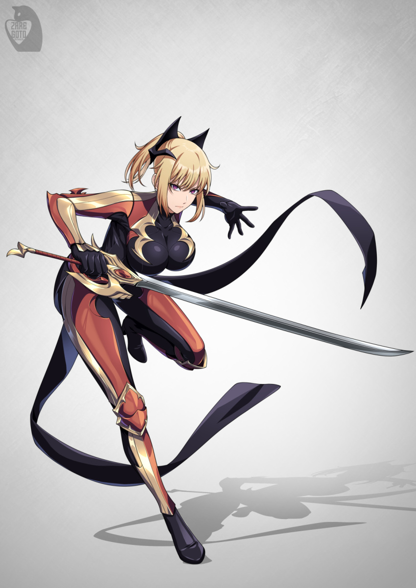 1girl alternate_breast_size black_bodysuit blonde_hair bodysuit breasts cha_hae-in closed_mouth full_body glaring high_heels highres holding holding_sword holding_weapon huge_weapon knee_pads large_breasts leaning_to_the_side long_bangs looking_at_viewer multicolored_bodysuit multicolored_clothes orange_bodysuit ponytail shadow short_hair signature simple_background skin_tight solo solo_leveling standing standing_on_one_leg sword violet_eyes weapon yellow_bodysuit zaregoto_tsukai_no_deshi