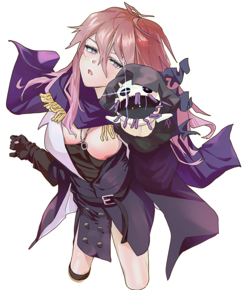 1girl absurdres black_gloves breasts cape doll_head girls_frontline gloves goth_fashion gun highres large_breasts long_hair long_sleeves pink_eyes pink_hair purple_scarf scarf shitamichi_4444 shotgun stevens_620_(girls'_frontline) weapon white_background