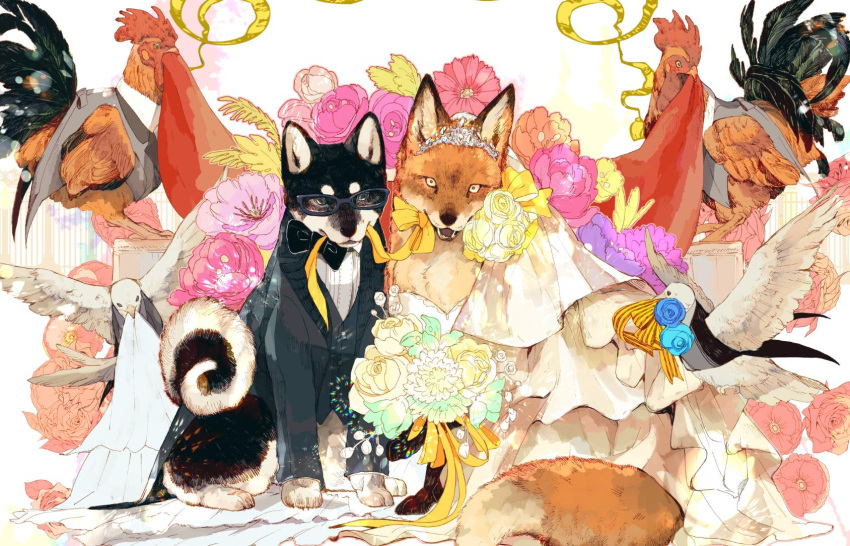 animal animal_focus bird black-framed_eyewear black_bow black_bowtie black_coat black_suit bouquet bow bowtie chicken clothed_animal coat dog dove dress fangs flower fox glasses highres light_particles long_sleeves looking_at_viewer mouth_hold no_humans open_mouth original pink_flower pink_rose ribbon rooster rose shiba_inu sitting suit tiara tonbippo08 wedding_dress white_background white_bird white_dress white_flower white_rose yellow_bow yellow_ribbon