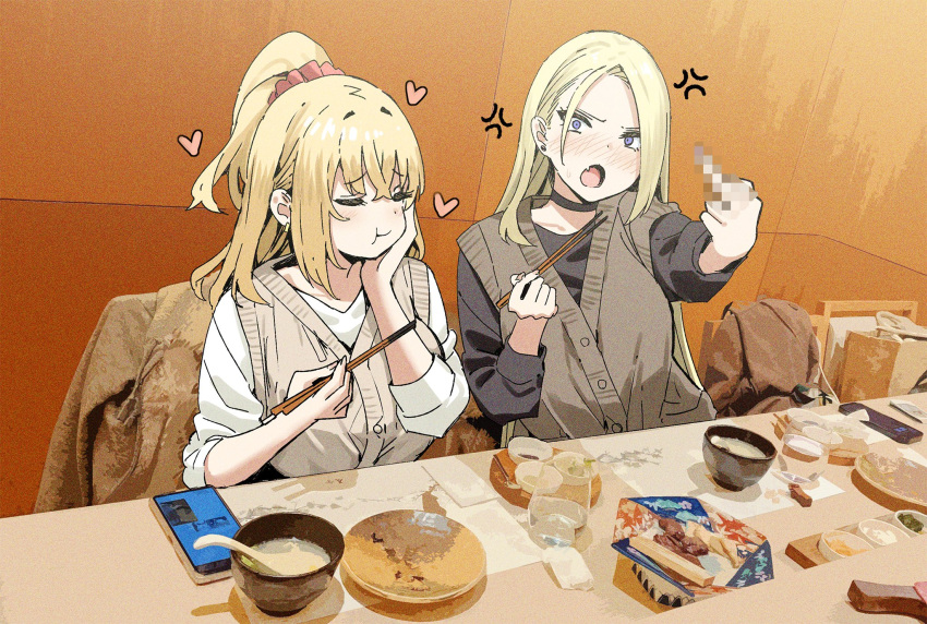 2girls anger_vein angry bag black_sweater blonde_hair blush bowl breasts brown_vest cellphone censored chewing chopsticks closed_eyes earrings eating fang food hair_behind_ear heart high_ponytail highres holding holding_chopsticks jacket jewelry joshi_kousei_rich_thots large_breasts long_hair looking_at_viewer middle_finger mosaic_censoring multiple_girls open_mouth original parted_bangs phone placemat plate red_scrunchie rena_(sky-freedom) scrunchie shopping_bag sidelocks sitting skin_fang sky-freedom sleeves_rolled_up smartphone spoon sweater table vest violet_eyes white_sweater yui_(sky-freedom)