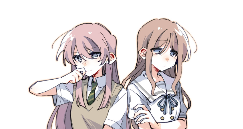 2girls absurdres artist_request bang_dream! bang_dream!_it's_mygo!!!!! blue_eyes blue_ribbon blush brown_hair brown_sweater_vest chihaya_anon closed_mouth collared_shirt commentary_request commission crying crying_with_eyes_open green_necktie grey_eyes haneoka_school_uniform highres long_hair multiple_girls nagasaki_soyo neck_ribbon necktie pink_hair ribbon sailor_collar school_uniform second-party_source shirt short_sleeves simple_background sweater_vest tears tsukinomori_school_uniform underwear upper_body white_sailor_collar white_shirt