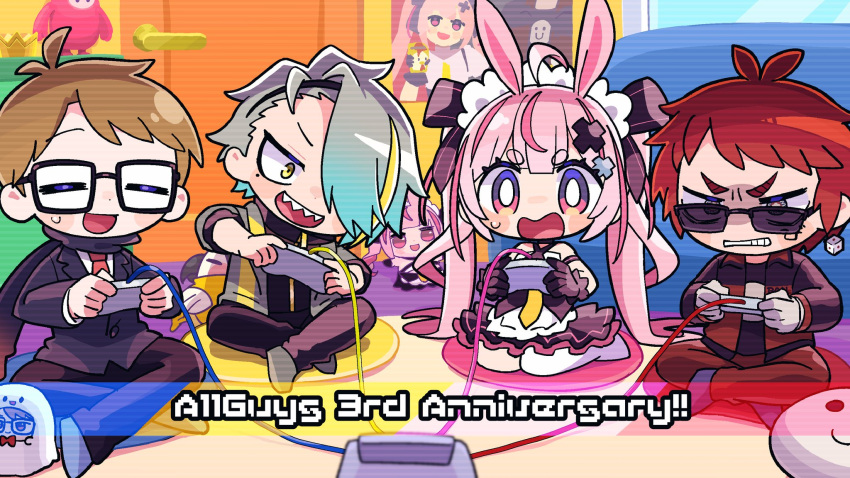 1girl 3boys =_= angry animal_ears anniversary antenna_hair bans black_gloves black_hairband black_scarf black_shirt black_skirt blush_stickers bright_pupils brown_hair cameo character_doll chibi closed_eyes commentary_request controller criss-cross_halter dice_earrings door facial_mark fall_guy fall_guys frilled_hairband frills full_body game_controller gatchmanv glaring glasses gloves grey_hair grimace hair_ornament hair_over_one_eye hairband halter_shirt halterneck highres hikimayu holding holding_controller holding_game_controller indian_style indie_virtual_youtuber indoors jacket layered_shirt leaning_to_the_side long_hair long_sleeves mole mole_under_eye multicolored_eyes multicolored_hair multiple_boys on_floor one_eye_covered open_mouth pants pink_eyes pink_hair playing_games poster_(object) purple_skirt rabbit_ears rabbit_girl red_jacket red_pants redhead scanlines scarf seiza sharp_teeth shirt short_hair short_sleeves sitting skirt small_sweatdrop smile strapless strapless_shirt streaked_hair sumikawa_(sumikawa8v) sunglasses teeth tenkai_tsukasa tomari_mari twintails utai_meika v-shaped_eyebrows very_long_hair virtual_youtuber white_gloves white_pupils white_shirt x_hair_ornament yellow_eyes