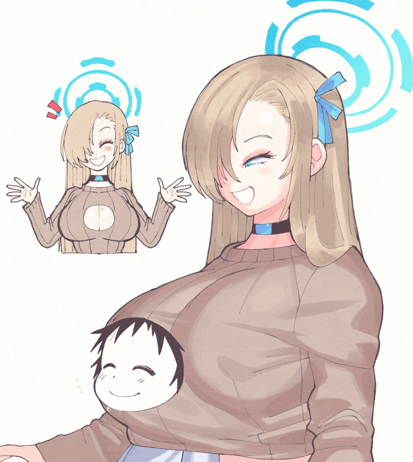 1boy 1girl :d asuna_(blue_archive) blonde_hair blue_archive blue_eyes breasts choker cleavage_cutout clothing_cutout doodle_sensei_(blue_archive) eyelashes grin hair_over_one_eye halo highres inkerton-kun large_breasts long_hair ribbed_sweater sensei_(blue_archive) simple_background smile sweater teeth white_background