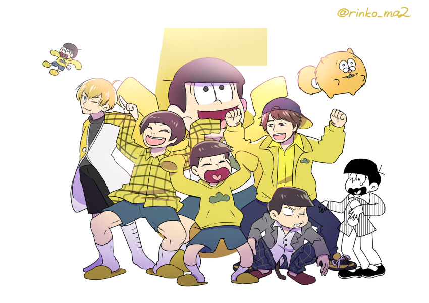 6+boys aged_down animalization antenna_hair backwards_hat bowl_cut character_doll delinquent dog hat heart heart_in_mouth idol idol_clothes long_sleeves male_focus matsuno_jyushimatsu multiple_boys multiple_persona ono_daisuke open_fly osomatsu-kun osomatsu-san osomatsu-san_on_stage_-_six_men's_show_time osomatsu-san_the_movie raglan_sleeves rinko_ma2 salute sleeves_past_wrists smile squatting teardrop time_paradox two-finger_salute voice_actor wavy_mouth white_background wiping_nose