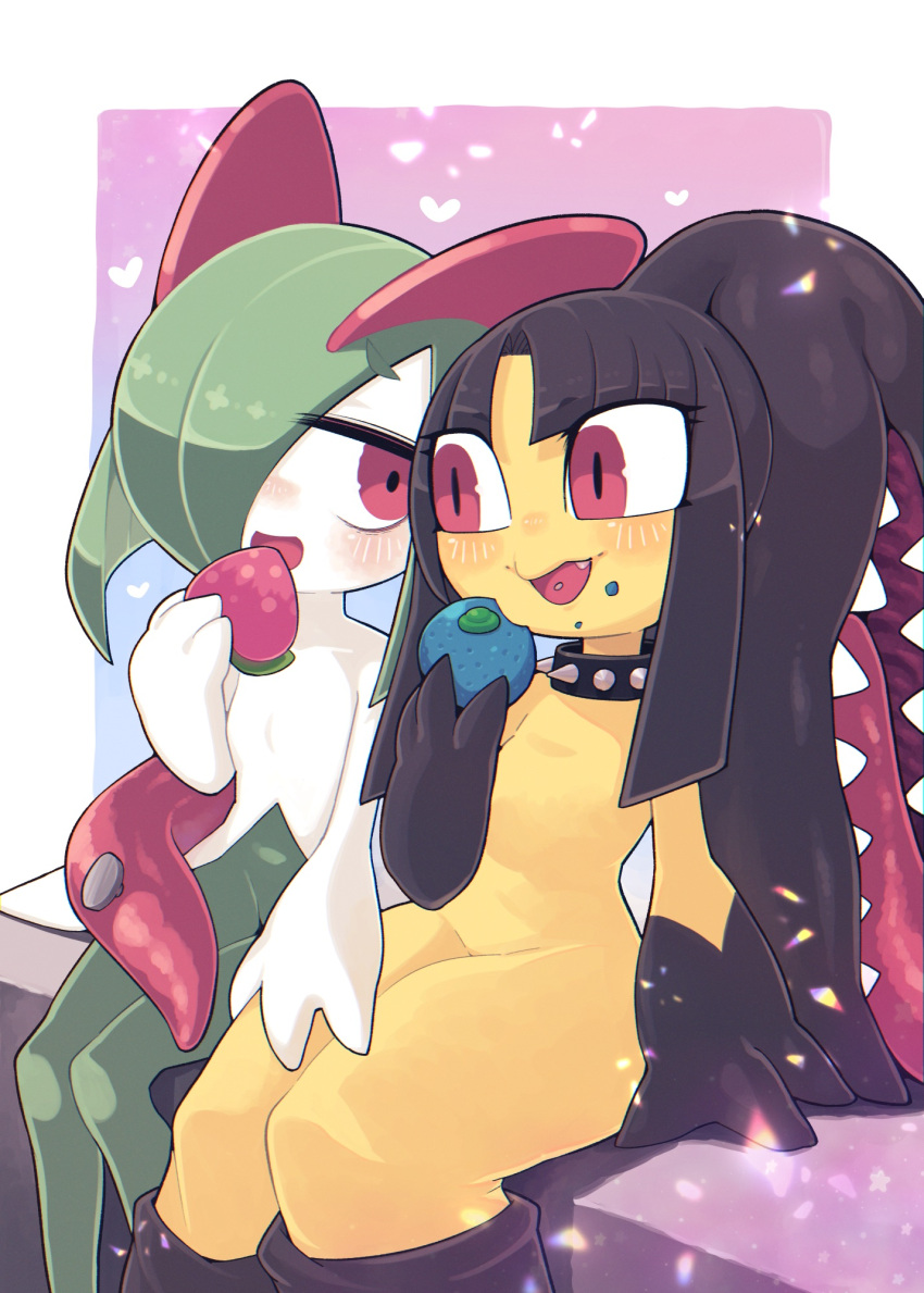 berry_(pokemon) blush choker colored_skin eating extra_mouth fangs food green_hair hair_over_one_eye hand_on_another's_thigh highres holding holding_food horns ino_(tellu0120) kirlia long_tongue mawile multicolored_skin open_mouth oran_berry pecha_berry pink_eyes pokemon pokemon_(creature) sidelocks sitting spiked_choker spikes tongue tongue_out two-tone_skin very_long_tongue white_skin yellow_skin