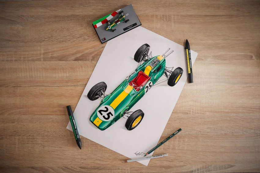 absurdres art_tools_in_frame car colored_pencil colored_pencil_(medium) english_commentary formula_one goabascal highres lotus_(brand) lotus_25 marker marker_(medium) motor_vehicle no_humans pencil photo_(medium) shadow signature toy_car traditional_media vehicle_focus white_background