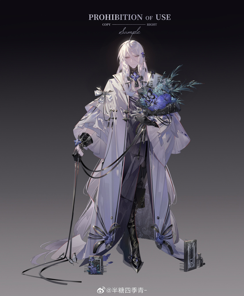 1boy absurdres alternate_costume ban_tang_siji_qing bell_sleeves black_background black_footwear black_gloves black_pants black_ribbon blue_flower boots bottle bouquet bug butterfly cael_anselm card closed_mouth coat crossed_legs detached_collar expressionless flower flower_brooch fold-over_boots frilled_sleeves frills glint gloves gradient_background grey_background grey_robe hair_between_eyes hair_flower hair_ornament highres holding holding_bouquet holding_ribbon iris_(flower) lace leaf long_bangs long_coat long_hair long_sleeves looking_at_viewer lovebrush_chronicles male_focus neck_ribbon open_clothes open_coat pants pectoral_cleavage pectorals perfume_bottle photo_(object) purple_flower ribbon ringlets robe sample_watermark shirt sidelocks sleeve_ribbon solo standing two-tone_gloves very_long_hair violet_eyes watermark watson_cross wavy_hair weibo_logo weibo_watermark white_butterfly white_coat white_gloves white_hair white_ribbon white_shirt