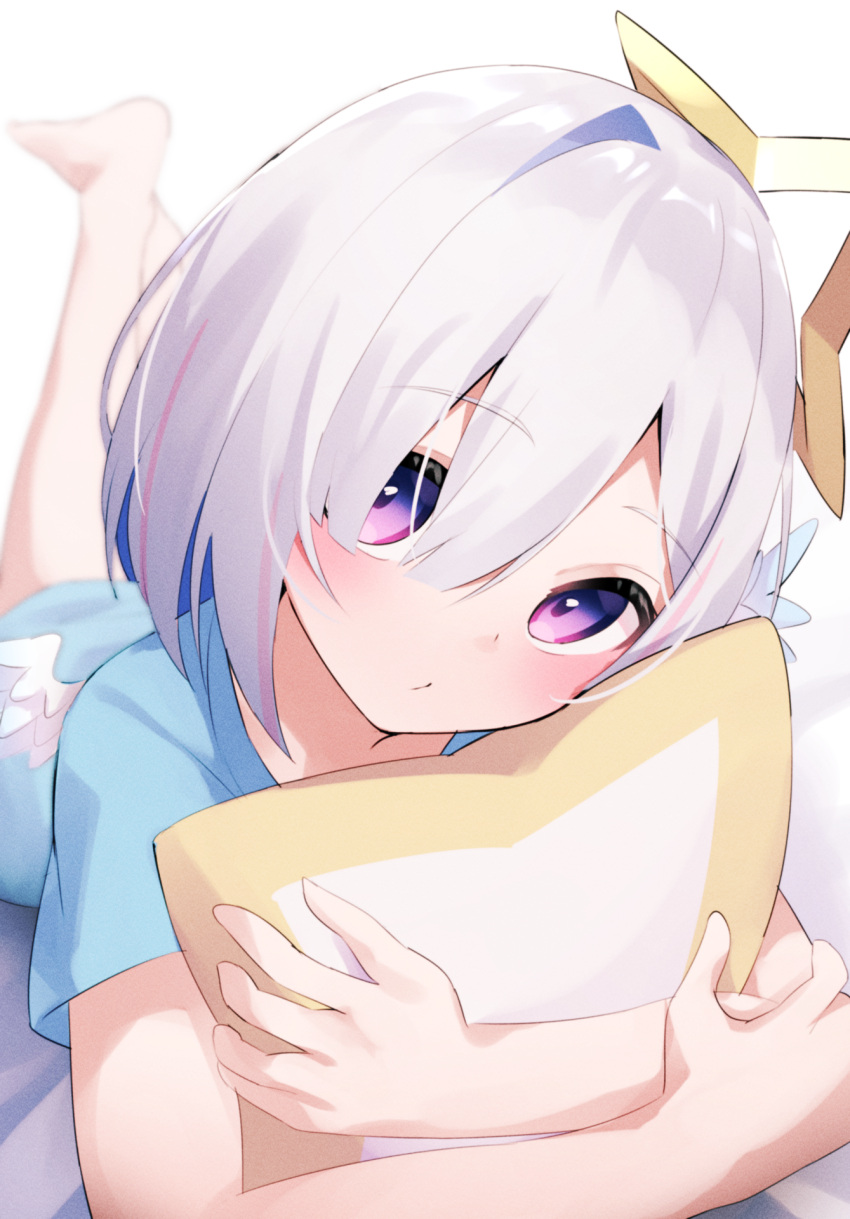 1girl amane_kanata angel angel_wings barefoot blue_hair blue_shirt blush colored_inner_hair fragir grey_hair halo highres hololive hugging_object looking_at_viewer multicolored_hair pillow pillow_hug shirt short_hair solo star-shaped_pillow star_halo violet_eyes virtual_youtuber wings