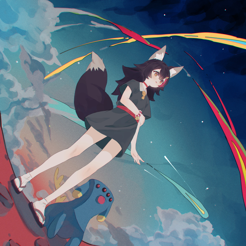 1girl animal_ears bell black_hair blue_dress blush bracelet choker clouds comet creature double-parted_bangs dress dutch_angle fisheye fishofthelakes hair_between_eyes highres holding_own_arm hololive jewelry jingle_bell long_hair multicolored_hair ookami_mio outdoors red_choker sandals short_sleeves sky socks solo star_(sky) starry_sky streaked_hair sunset tail virtual_youtuber white_socks wolf_ears wolf_tail yellow_eyes