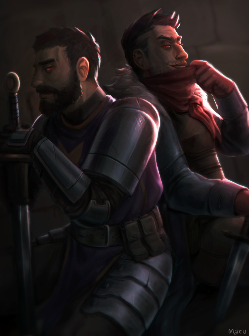 2boys back-to-back beard connected_beard crusader_(darkest_dungeon) darkest_dungeon facial_hair from_side full_beard highres highwayman_(darkest_dungeon) knight looking_at_viewer male_focus mature_male multiple_boys paid_reward_available planted planted_sword seductive_smile short_hair sideways_glance smile sword thick_eyebrows undercut viktormaru weapon