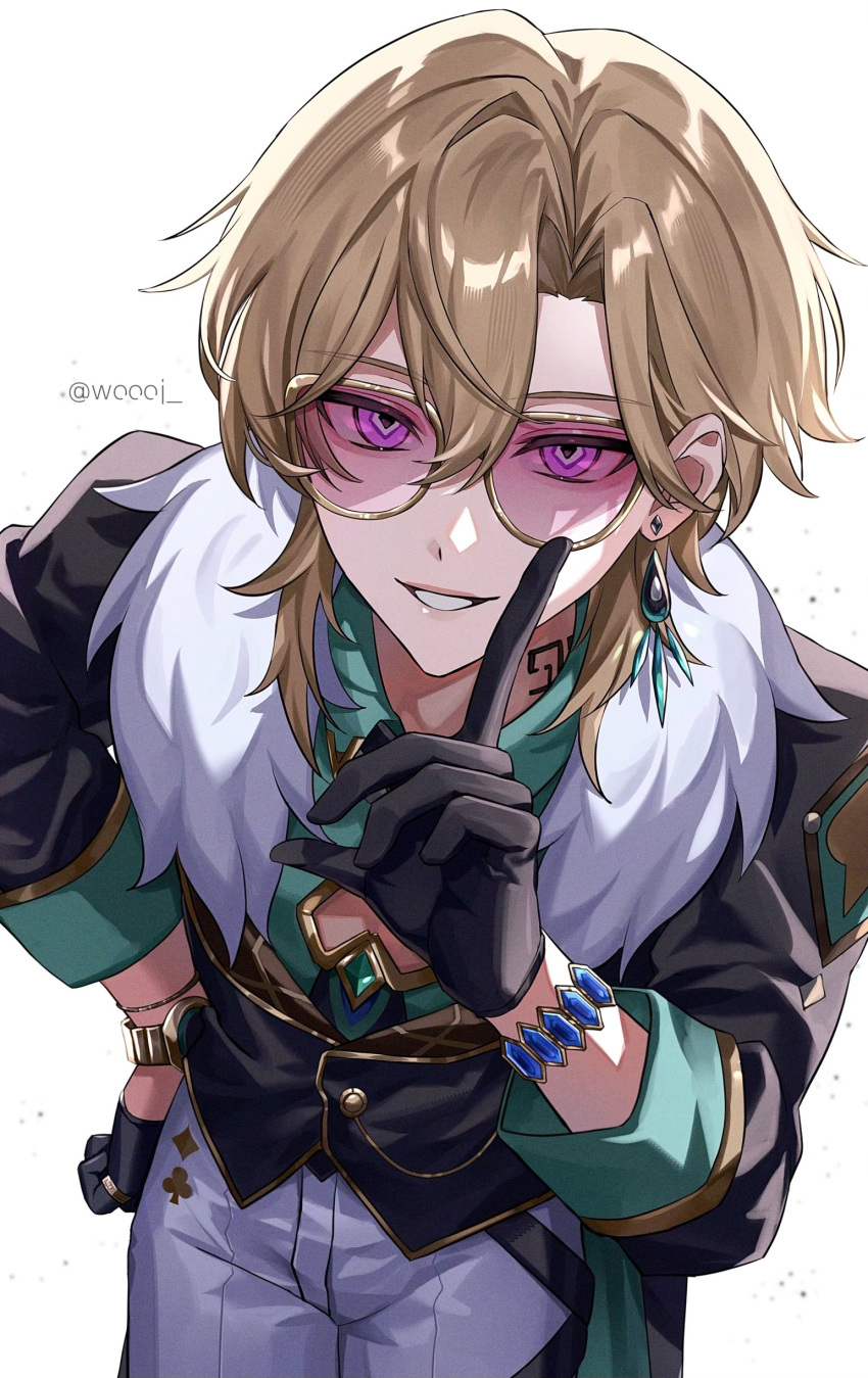 1boy absurdres aqua_shirt artist_name aventurine_(honkai:_star_rail) black_gloves black_jacket blonde_hair bracelet cleavage_cutout clothing_cutout club_(shape) collared_shirt commentary_request cowboy_shot diamond_(shape) earrings fur-trimmed_jacket fur_trim glasses gloves gold_trim hair_between_eyes hand_on_own_hip hand_up highres honkai:_star_rail honkai_(series) index_finger_raised jacket jewelry leaning_forward long_sleeves looking_at_viewer male_focus multicolored_eyes neck_tattoo pants parted_bangs parted_lips pink-tinted_eyewear ring shirt short_hair simple_background single_earring smile solo standing tattoo tinted_eyewear twitter_username violet_eyes watch watch white_background white_pants woooi