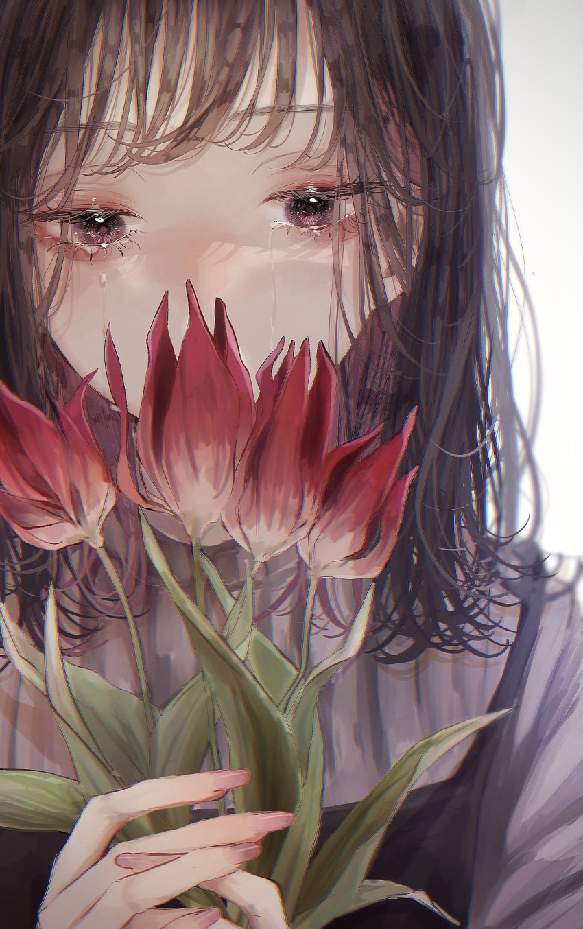 1girl brown_hair covered_mouth crying crying_with_eyes_open eyelashes fingernails flower grey_background highres holding holding_flower long_hair looking_at_viewer medium_hair nail_polish original pink_nails red_flower red_tulip sameukiwa shirt solo tears tulip upper_body white_background white_shirt