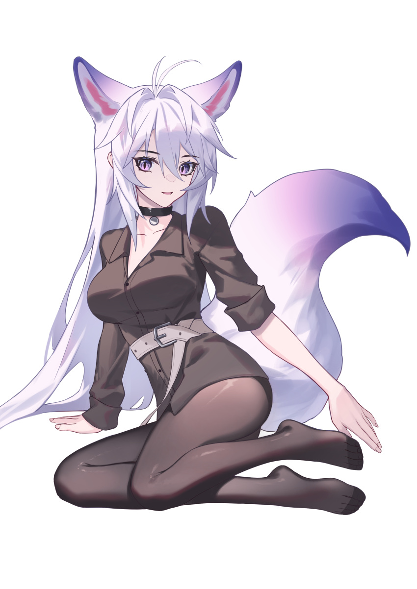 1girl absurdres ahoge animal_ears antenna_hair barefoot belt black_choker black_pantyhose black_shirt breasts choker collarbone collared_shirt dress_shirt extra_ears feet fingernails fox_ears fox_girl fox_tail hair_between_eyes hair_intakes highres kirby_d_a long_hair long_sleeves looking_at_viewer open_mouth original pantyhose shirt simple_background sitting sleeves_rolled_up smile solo tail thighs toes very_long_hair violet_eyes white_background white_hair