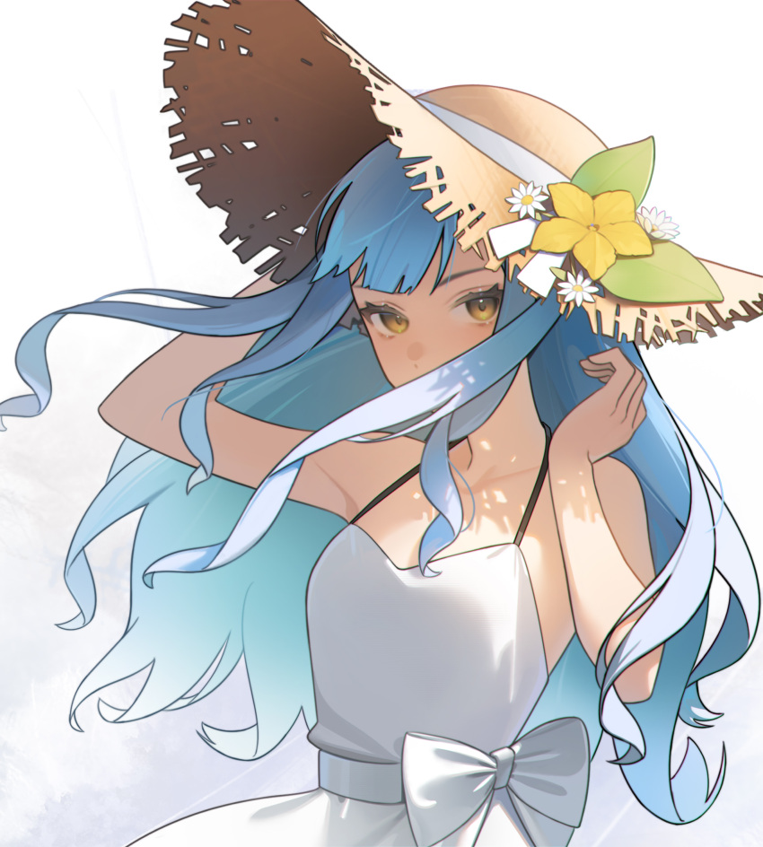 1girl arm_up bang_dream! bang_dream!_it's_mygo!!!!! bare_arms bare_shoulders blue_hair bow brown_hat collarbone covered_mouth dress dress_bow floating_hair flower gradient_background grey_background guyijun hair_over_mouth halter_dress halterneck hand_on_headwear hand_up hat hat_flower hat_ribbon highres long_hair looking_at_viewer ribbon shade sidelocks solo straw_hat sun_hat sundress togawa_sakiko upper_body wavy_hair white_background white_dress white_flower white_ribbon yellow_eyes yellow_flower