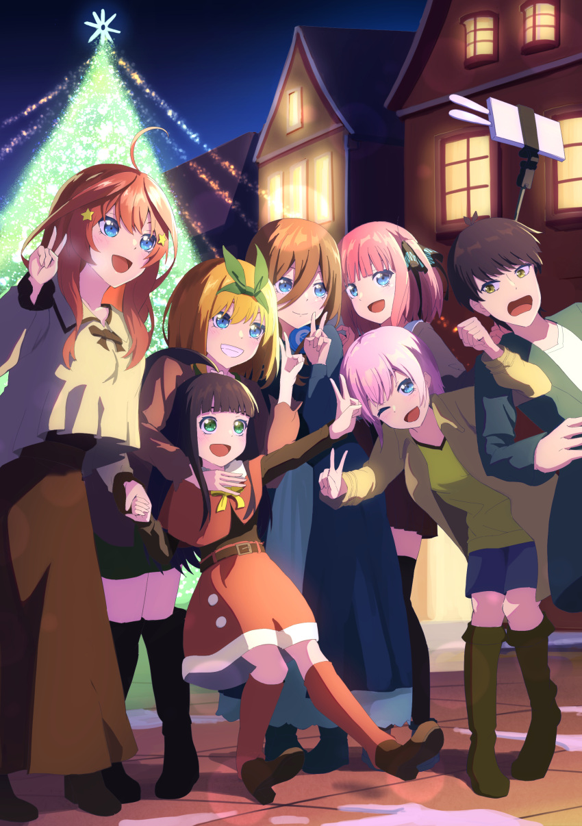 1boy 6+girls :d ;d absurdres ahoge alternate_costume antenna_hair black_hair blue_eyes blunt_bangs blush boots brother_and_sister brown_hair butterfly_hair_ornament casual christmas christmas_tree closed_mouth commentary eyebrows_hidden_by_hair full_body go-toubun_no_hanayome green_eyes green_ribbon grin hair_between_eyes hair_ornament hair_ribbon hand_up happy headphones headphones_around_neck highres locked_arms long_hair long_sleeves looking_at_another looking_at_phone medium_hair multiple_girls nakano_ichika nakano_itsuki nakano_miku nakano_nino nakano_yotsuba night one_eye_closed open_mouth orange_hair outdoors outstretched_arm phone pink_hair quintuplets redhead ribbon santa_boots santa_capelet santa_costume selfie selfie_stick short_hair siblings sidelocks sisters smile split_mouth standing star_(symbol) star_hair_ornament two_side_up uesugi_fuutarou uesugi_raiha v yasuba_yuichi yellow_eyes