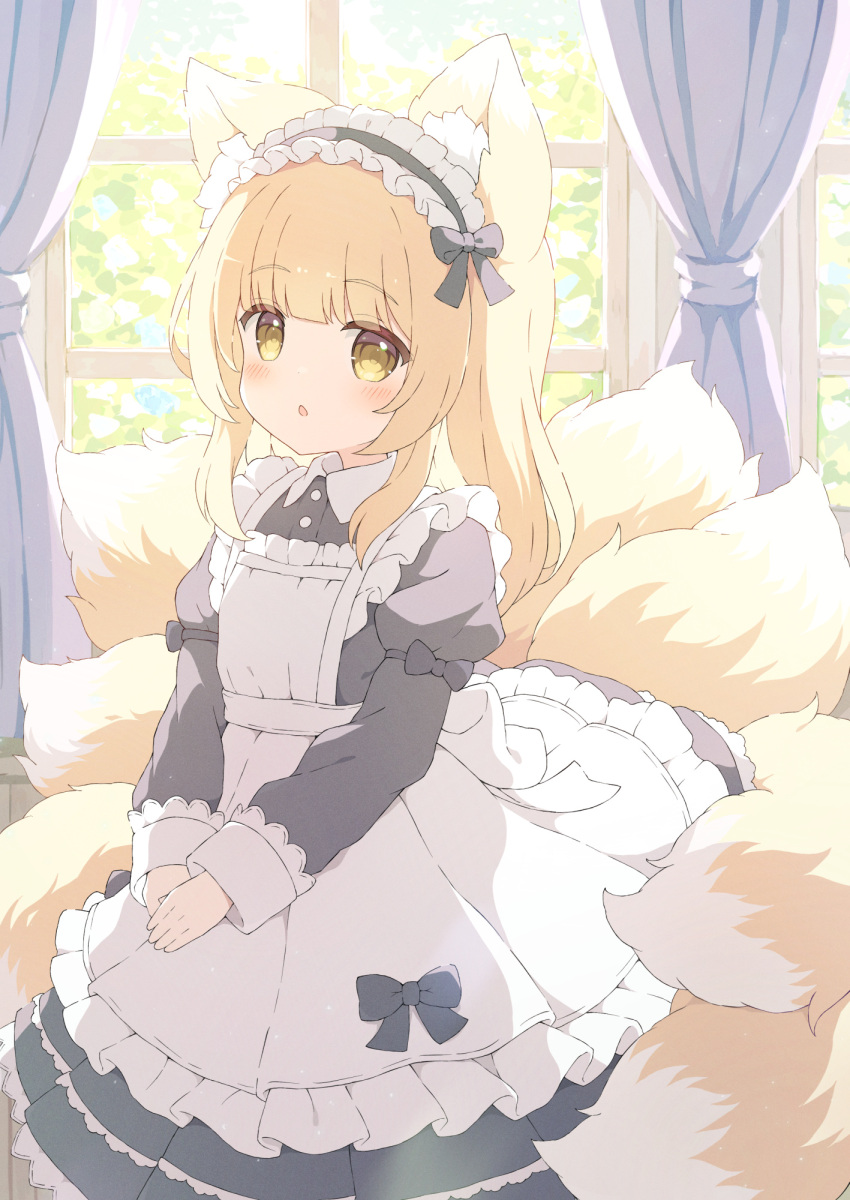 1girl :o animal_ears apron black_dress blonde_hair commission dress fox_ears fox_girl fox_tail highres indoors maid maid_apron maid_headdress multiple_tails open_mouth original skeb_commission tail tyakomes variant_set window yellow_eyes
