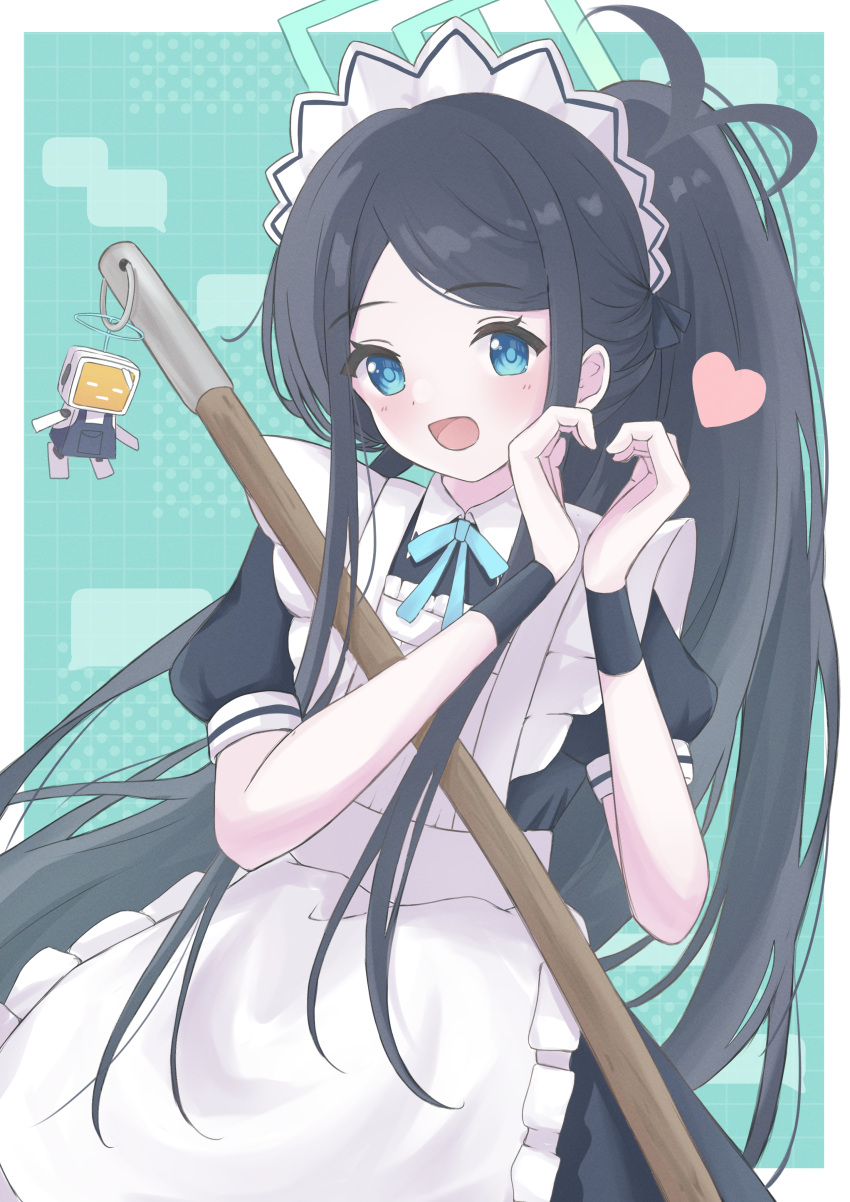 &lt;key&gt;_(robot)_(blue_archive) 1girl absurdres apron aris_(blue_archive) aris_(maid)_(blue_archive) black_dress blue_archive blue_eyes blue_halo dress halo highres long_hair looking_at_viewer maid maid_apron maid_headdress official_alternate_costume open_mouth ponytail sangria smile solo very_long_hair white_apron white_headdress