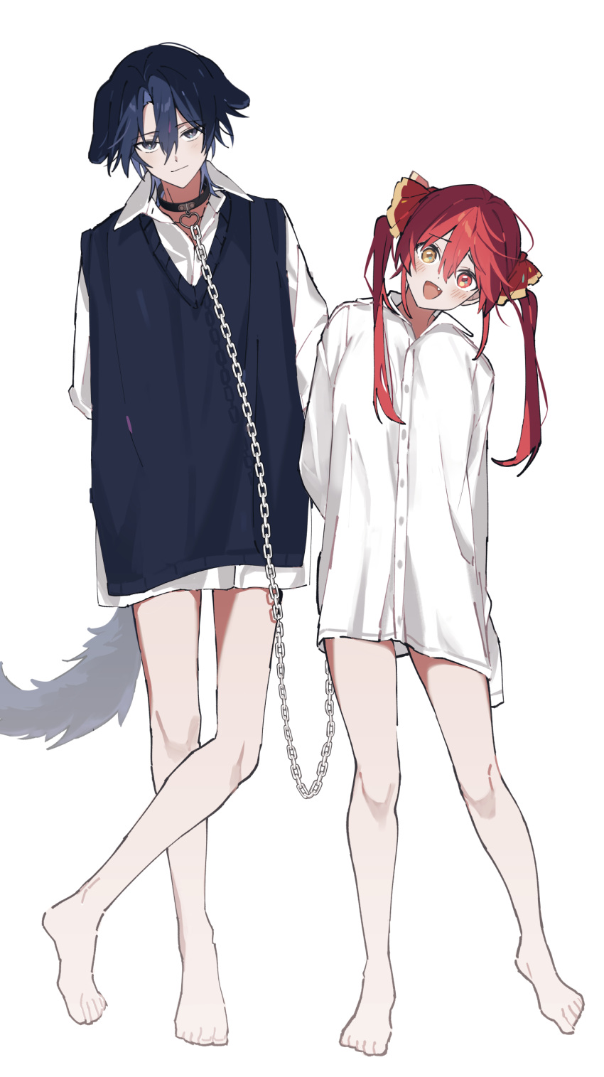 2girls :d absurdres animal_ears bare_legs blue_hair blue_sweater_vest blue_tail blush chain chain_leash closed_mouth dog_ears fang full_body grey_eyes hair_ribbon head_tilt heterochromia highres hiodoshi_ao hololive hololive_dev_is houshou_marine leash long_sleeves looking_at_viewer multiple_girls no_pants open_mouth planetzer_0 red_eyes red_ribbon redhead ribbon shirt short_hair simple_background smile sweater_vest twintails virtual_youtuber white_background white_shirt yellow_eyes