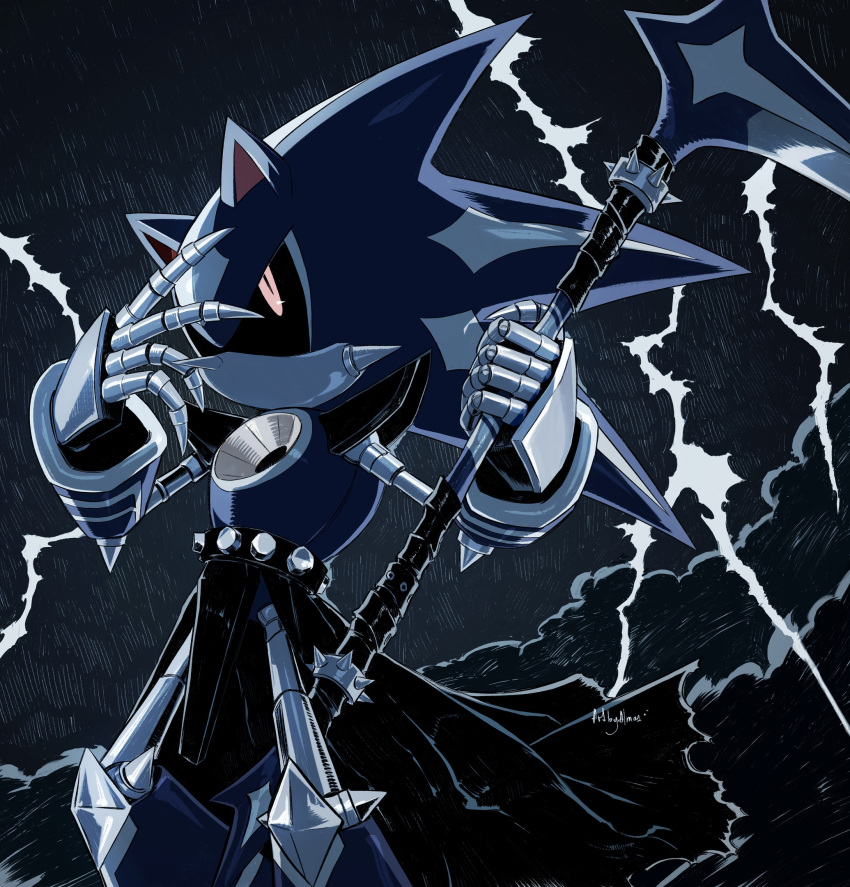 1boy by_almaz highres holding holding_weapon lightning male_focus neo_metal_sonic no_mouth non-humanoid_robot outdoors red_eyes robot robot_animal solo sonic_(series) weapon