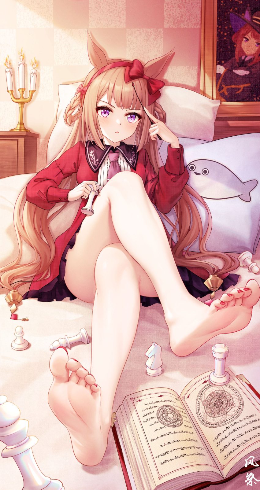 1girl absurdres animal_ears barefoot bed bishop_(chess) book bow brown_hair candle chess_piece collared_dress crossed_legs drawer dress ear_bow foreshortening grimoire hair_rings highres holding holding_chess_piece horse_ears horse_girl indoors kazamatsuri_honatsu knight_(chess) long_hair long_sleeves magic_circle nail_polish necktie official_alternate_costume on_bed pawn_(chess) picture_frame pillow pointer portrait_(object) purple_necktie red_nails rook_(chess) sacabambaspis sitting skirt solo sweep_tosho_(umamusume) twintails umamusume violet_eyes