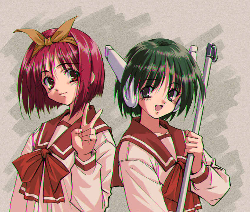 2girls absurdres android broom green_eyes green_hair hairband highres holding holding_broom kamigishi_akari longmei_er_de_tuzi looking_at_viewer multi_(to_heart) multiple_girls open_mouth red_eyes red_sailor_collar redhead robot_ears sailor_collar school_uniform serafuku smile to_heart to_heart_(series) upper_body v