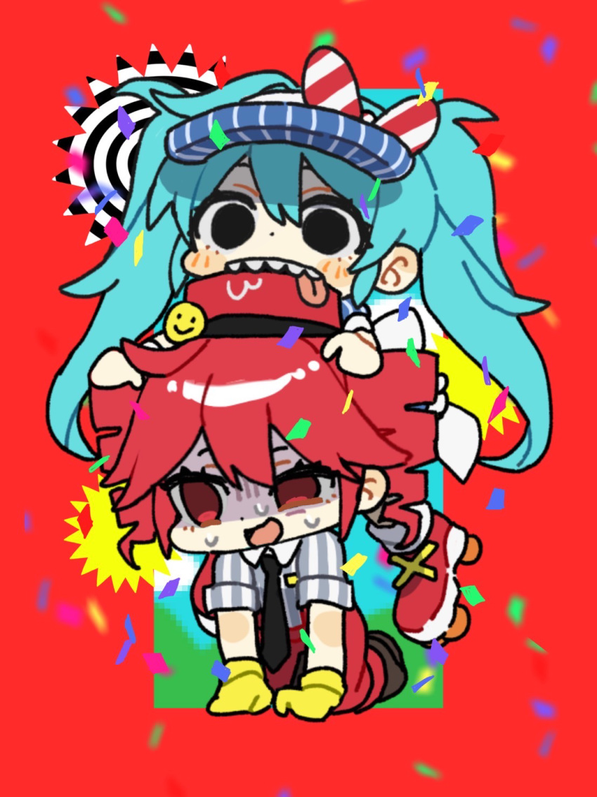 2girls aqua_hair biting_another's_clothes black_eyes black_necktie blue_hat blush_stickers bow brown_footwear chibi collared_shirt confetti drill_hair empty_eyes false_smile gloves grey_shirt hair_between_eyes hat hatsune_miku highres itomaki_(itoma_11010) kasane_teto mesmerizer_(vocaloid) multiple_girls necktie open_mouth pants pinstripe_hat prostration red_background red_bow red_eyes red_hat red_pants red_suspenders redhead shaded_face sharp_teeth shirt short_sleeves sidelocks smile smiley_face spiral striped_bow striped_clothes striped_headwear striped_shirt suspenders sweat teeth tongue tongue_out twin_drills twintails utau vertical-striped_clothes vertical-striped_headwear vertical-striped_shirt vocaloid yellow_gloves