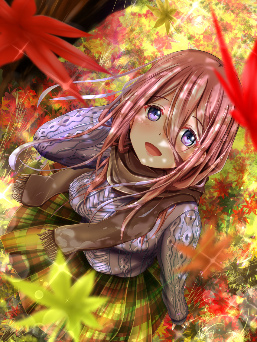 1girl :d absurdres aran_sweater autumn_leaves blue_eyes blue_sweater breasts brown_hair brown_scarf brown_skirt cable_knit commentary_request falling_leaves from_above go-toubun_no_hanayome green_skirt highres large_breasts leaf long_hair long_hair_between_eyes long_sleeves looking_at_viewer maple_leaf nakano_miku outdoors parutaru_(partal) scarf skirt smile solo sweater two-tone_skirt
