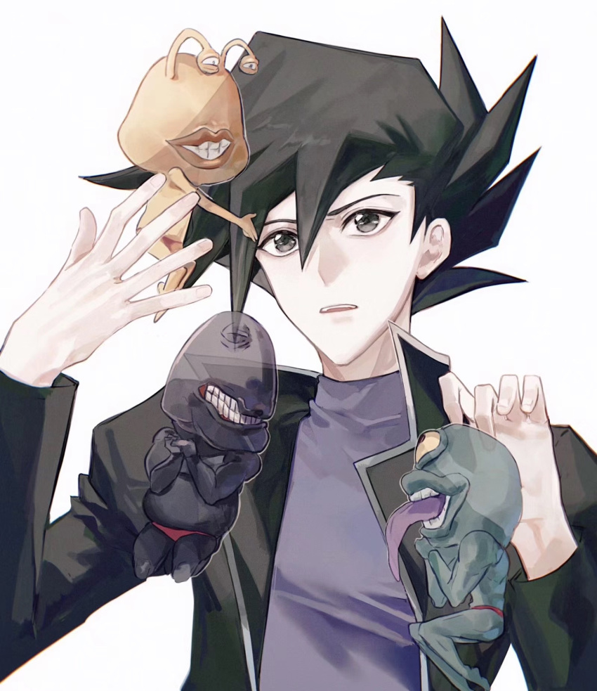 1boy bad_id bad_lofter_id black_hair black_jacket blue_skin colored_skin cyclops duel_monster green_eyes green_skin grin hands_up highres hug jacket long_sleeves looking_up male_focus male_swimwear manjoume_jun naoki_(2rzmcaizerails6) ojama_black ojama_green ojama_yellow one-eyed open_clothes open_jacket own_hands_together parted_lips purple_shirt shirt short_hair simple_background smile spiky_hair swim_briefs teeth tongue tongue_out transparent turtleneck turtleneck_shirt upper_teeth_only white_background yellow_skin yu-gi-oh! yu-gi-oh!_gx