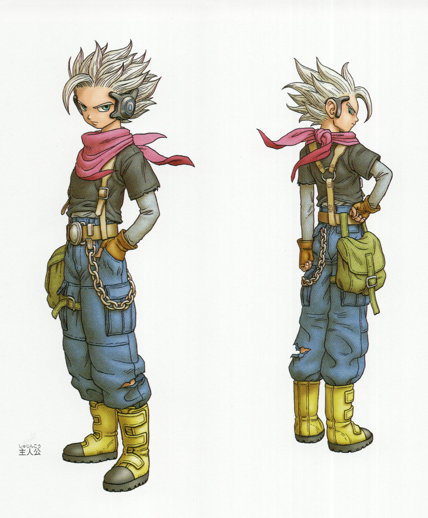 1boy absurdres ankle_boots arm_at_side bag baggy_pants belt belt_buckle belt_chain black_shirt blue_eyes boots brown_belt brown_gloves buckle chain character_request clenched_hands closed_mouth commentary dragon_quest dragon_quest_monsters dragon_quest_monsters_joker_3 fingerless_gloves fingernails from_behind full_body gloves green_bag grey_sleeves hand_in_pocket hand_on_own_hip headset highres layered_sleeves long_sleeves looking_back male_focus neckerchief official_art pants pink_neckerchief platform_boots platform_footwear profile reference_sheet serious shirt shirt_tucked_in short_over_long_sleeves short_sleeves sideways_glance simple_background single_bang spiky_hair standing suspenders toriyama_akira torn_clothes torn_pants velcro_footwear white_background white_hair yellow_footwear