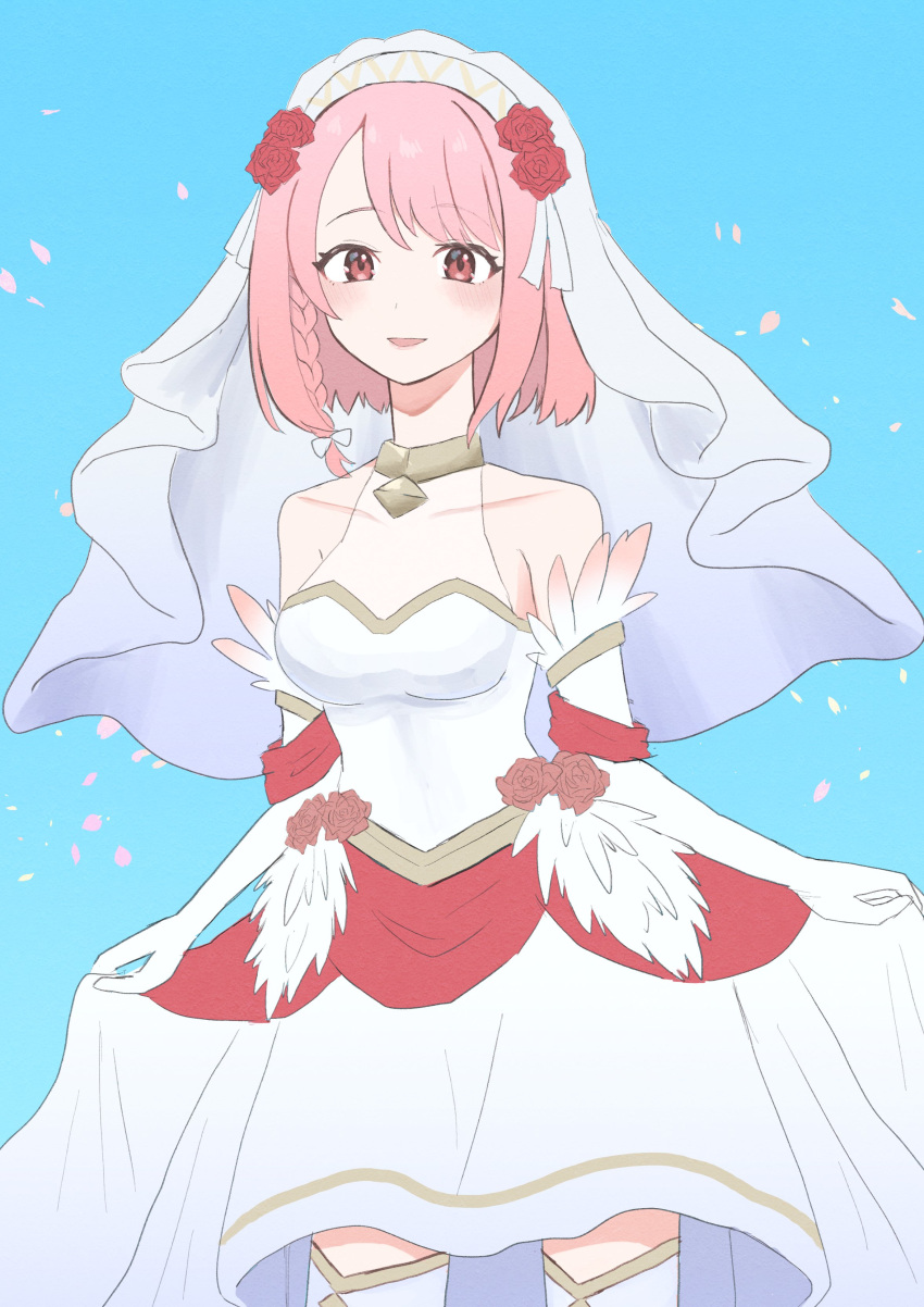 1girl absurdres bare_shoulders boots bridal_veil bride dress fire_emblem fire_emblem_engage fire_emblem_heroes flower gold_trim hairband highres inuinui29 lapis_(fire_emblem) lapis_(mighty_bride)_(fire_emblem) official_alternate_costume pink_eyes pink_hair red_flower red_rose rose solo thigh_boots two-tone_hairband veil wedding_dress white_dress white_hairband yellow_hairband