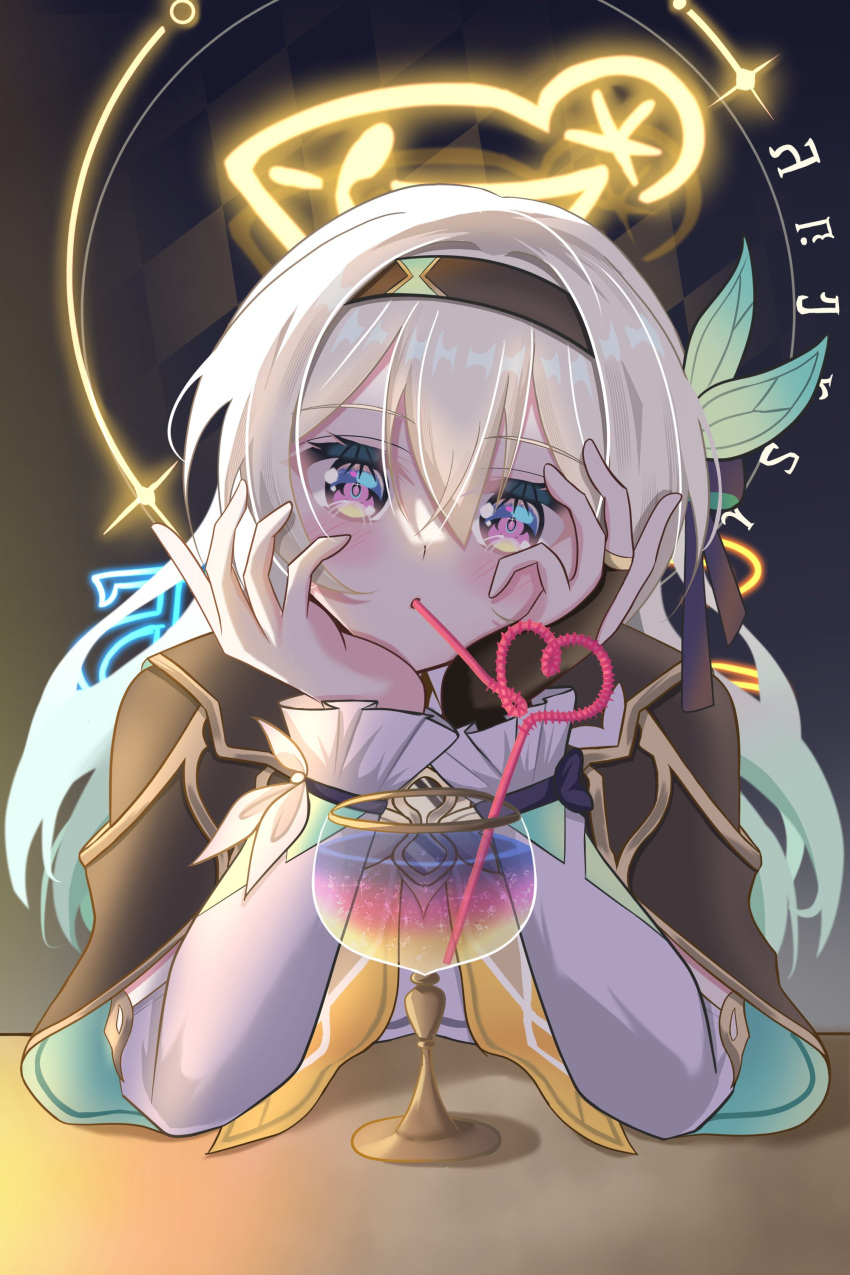 1girl absurdres black_gloves black_hairband bow bowtie cocktail crazy_straw cropped_jacket drinking drinking_straw fingerless_gloves firefly_(honkai:_star_rail) gloves grey_hair hair_between_eyes hair_ornament hairband hands_on_own_chin heart_straw highres honkai:_star_rail honkai_(series) long_hair long_sleeves looking_at_viewer neckerchief orange_neckerchief shaxiao solo two-tone_eyes upper_body