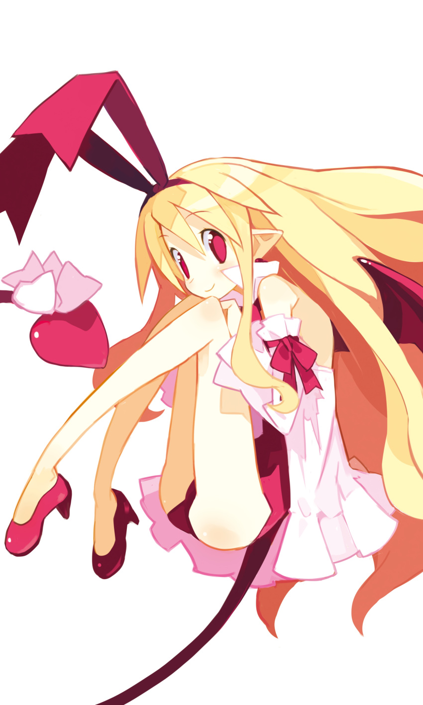 absurdres blonde_hair bow demon_girl demon_tail demon_wings disgaea flonne flonne_(fallen_angel) harada_takehito high_heels highres leotard long_hair long_tail looking_at_viewer makai_senki_disgaea non-web_source photoshop_(medium) pointy_ears red_eyes red_leotard red_tail red_wings ribbon simple_background smile tail tail_bow tail_ornament white_background wings