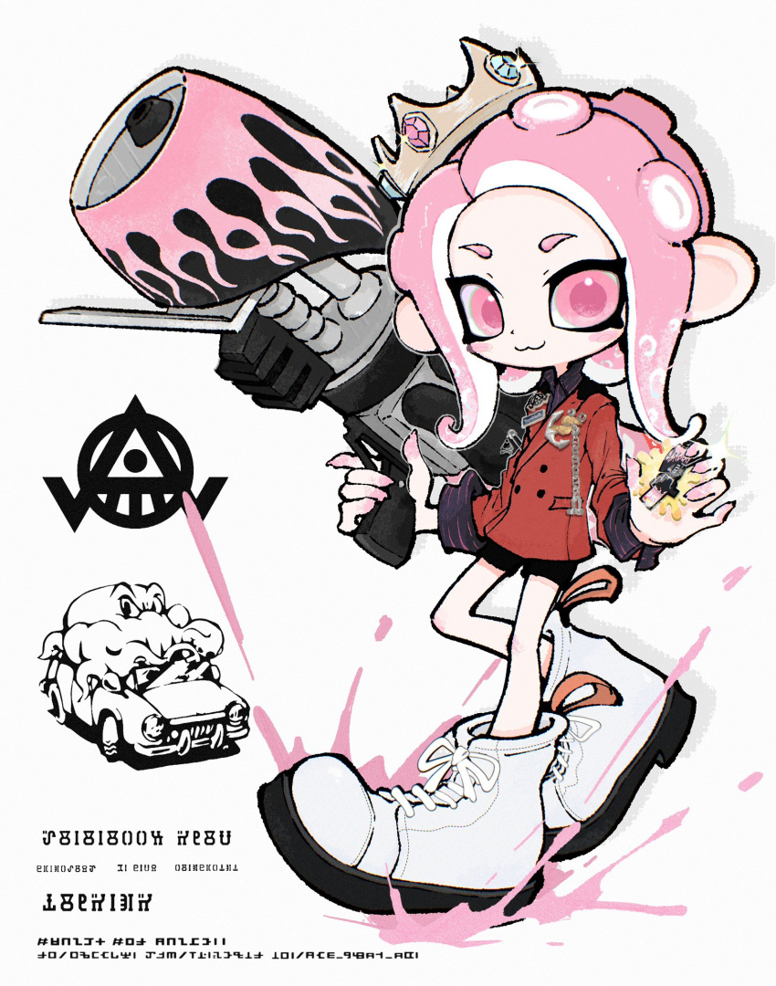 1girl :3 black_shirt black_shorts blue_gemstone boots chain charm_(object) closed_mouth collared_shirt commentary crown dame_ot full_body gem highres holding holding_charm holding_weapon inkling_(language) jacket long_hair looking_at_viewer octoling octoling_girl octoling_player_character paint_splatter pink_eyes pink_gemstone pink_hair pink_pupils range_blaster_(splatoon) red_jacket shirt shorts sleeves_rolled_up solo sparkle splatoon_(series) splatoon_3 splatter standing standing_on_one_leg striped_clothes striped_shirt suction_cups symbol-only_commentary tentacle_hair weapon white_background white_footwear