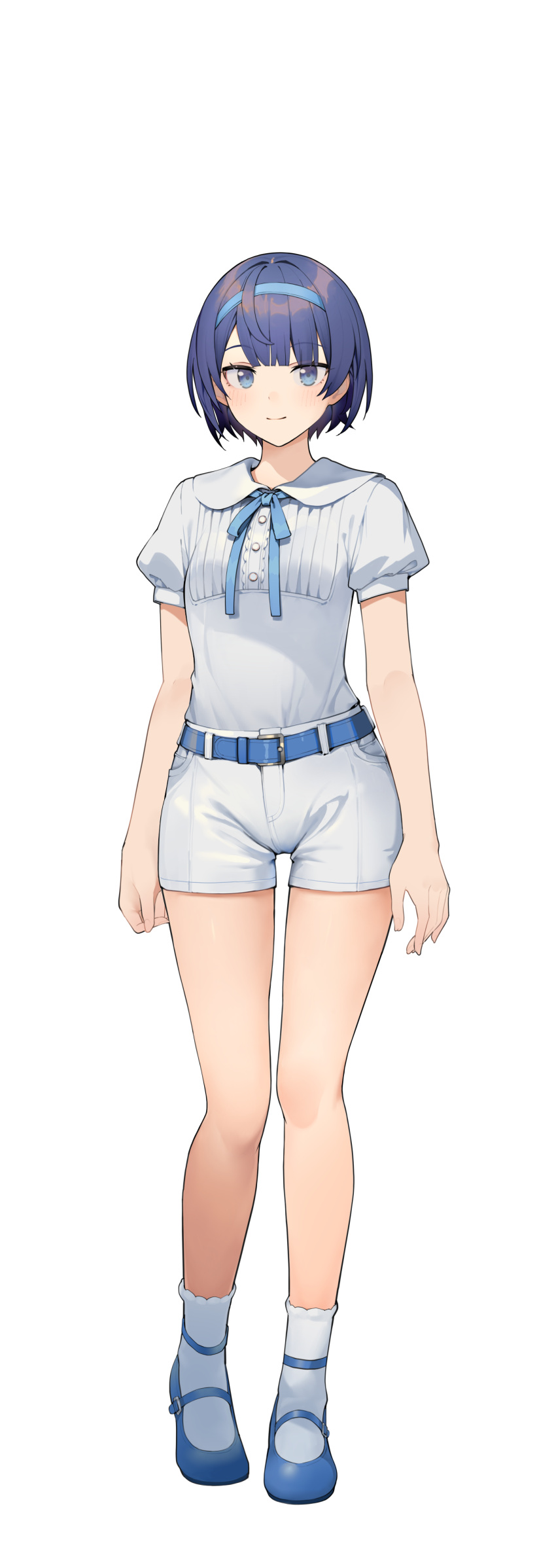 1girl absurdres belt belt_buckle blue_belt blue_eyes blue_footwear blue_hair blue_hairband blue_ribbon blunt_bangs blush buckle cevio closed_mouth collared_shirt commentary_request dot_nose full_body hairband highres looking_at_viewer mary_janes neck_ribbon psd_available puffy_short_sleeves puffy_sleeves ribbon shirinda_fureiru shirt shirt_tucked_in shoes short_hair short_shorts short_sleeves shorts simple_background socks solo standing straight-on suzuki_tsudumi tachi-e transparent_background variant_set white_shorts white_socks