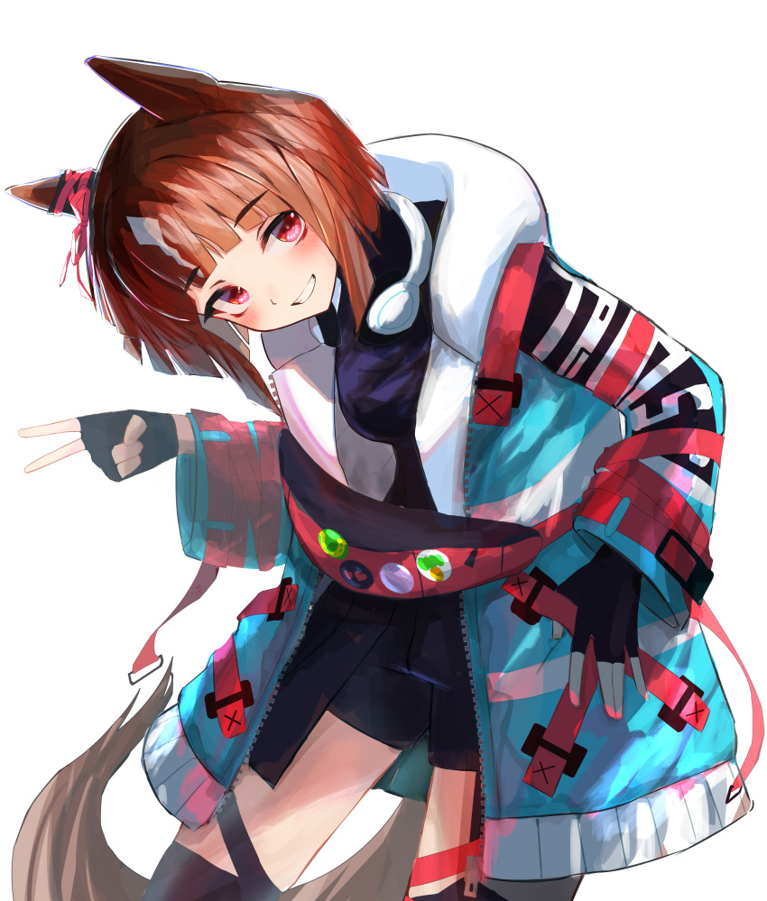 1girl absurdres animal_ears black_gloves black_shirt black_shorts blush breasts brown_hair coat cowboy_shot ear_ornament fanny_pack fingerless_gloves gloves grin headphones headphones_around_neck highres horse_ears horse_girl horse_tail leaning_to_the_side long_sleeves open_clothes open_coat rakasei5050 red_eyes shirt short_hair shorts simple_background small_breasts smile solo standing tail thigh-highs transcend_(umamusume) umamusume w white_background