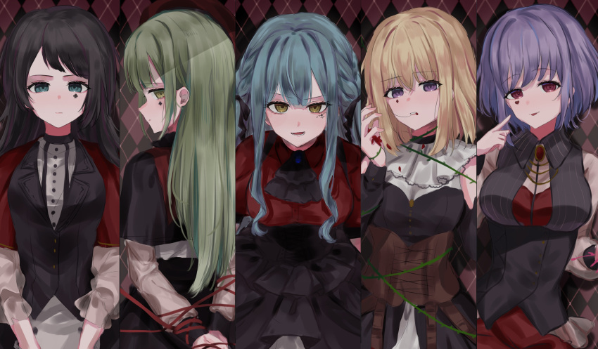 5girls absurdres ascot ave_mujica_(bang_dream!) bang_dream! bang_dream!_it's_mygo!!!!! black_ascot black_corset black_dress black_hair black_ribbon black_skirt black_vest blonde_hair blue_brooch blue_hair braid breasts brown_corset capelet closed_mouth column_lineup commentary_request corset crossed_bangs dress facial_mark french_braid green_eyes green_hair hair_ribbon heart heart-shaped_pupils highres large_breasts long_hair long_sleeves looking_at_viewer medium_hair meu203 misumi_uika multiple_girls parted_lips petal_in_mouth plant pointing pointing_at_self purple_hair red_capelet red_eyes red_shirt ribbon shirt sidelocks skirt sleeves_past_wrists string string_of_fate symbol-shaped_pupils togawa_sakiko tongue tongue_out two_side_up vest vines violet_eyes wakaba_mutsumi white_shirt yahata_umiri yellow_eyes yuutenji_nyamu