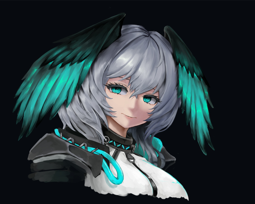 1girl absurdres arknights black_background black_feathers black_wings blue_eyes blue_feathers blue_wings commentary_request crossed_bangs feathered_wings feathers grey_hair hair_between_eyes head_wings highres ho'olheyak_(arknights) infection_monitor_(arknights) looking_at_viewer simple_background smile solo two-tone_wings wings xiniu_r&amp;f_(lande_hua_hua)