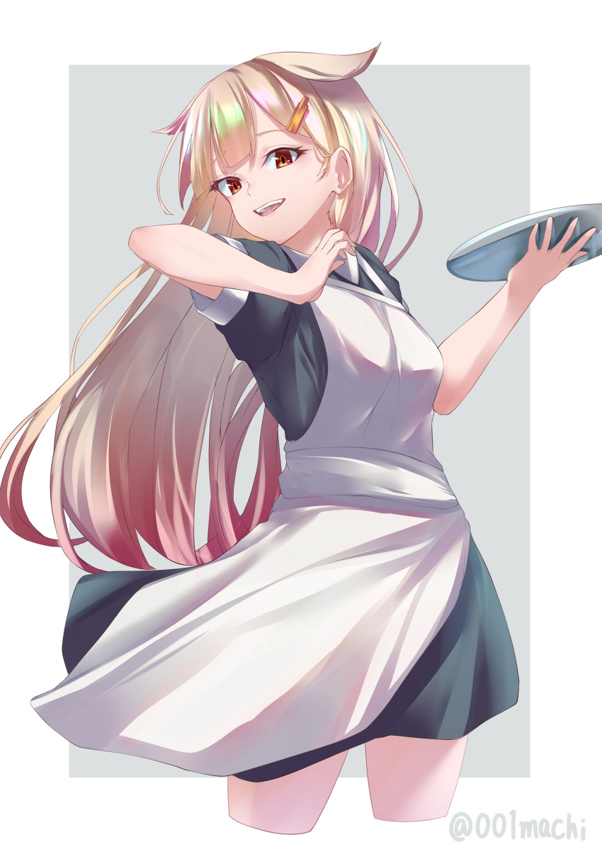 001machi 1girl absurdres alternate_costume apron black_dress blonde_hair dress gradient_hair grey_background hair_flaps hair_ornament hairclip highres kantai_collection long_hair maid multicolored_hair one-hour_drawing_challenge red_eyes redhead smile solo tray two-tone_background white_apron yuudachi_(kancolle) yuudachi_kai_ni_(kancolle)