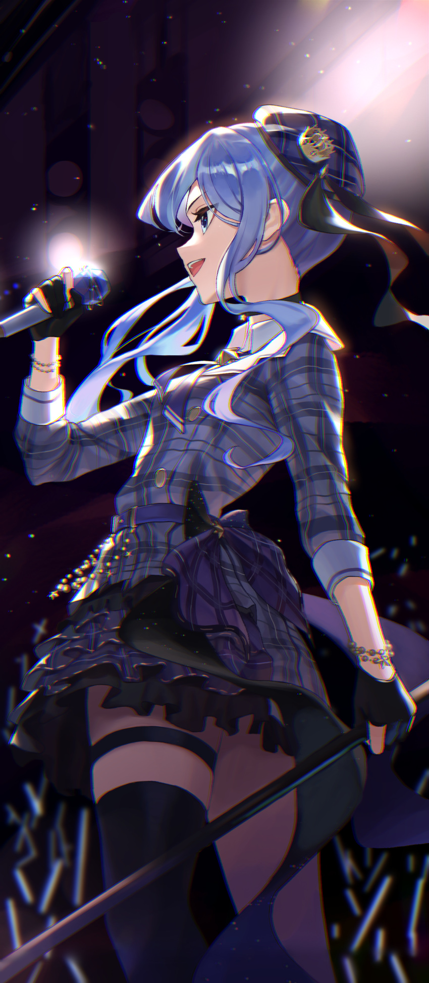 1girl absurdres ascot beret black_gloves blue_ascot blue_bow blue_eyes blue_hair bow bracelet choker crown frilled_skirt frills from_side gloves glowstick hat highres holding holding_microphone holding_microphone_stand hololive hoshimachi_suisei hoshimachi_suisei_(1st_costume) jewelry light_particles lights looking_ahead microphone microphone_stand mini_crown music partially_fingerless_gloves plaid plaid_headwear plaid_shirt plaid_skirt shirt sibo singing single_thighhigh skirt solo thigh-highs thigh_strap virtual_youtuber