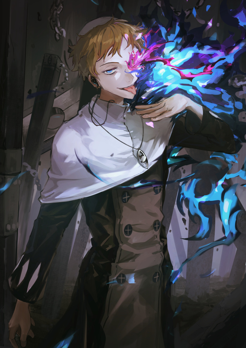 1boy absurdres blonde_hair chain eye_symbol fire flaming_eye forest guillotine hand_on_own_shoulder head_tilt highres jewelry justin_law looking_at_viewer maumaujanken nature outdoors pendant priest purple_fire solo soul_eater tongue tongue_out vestments zucchetto