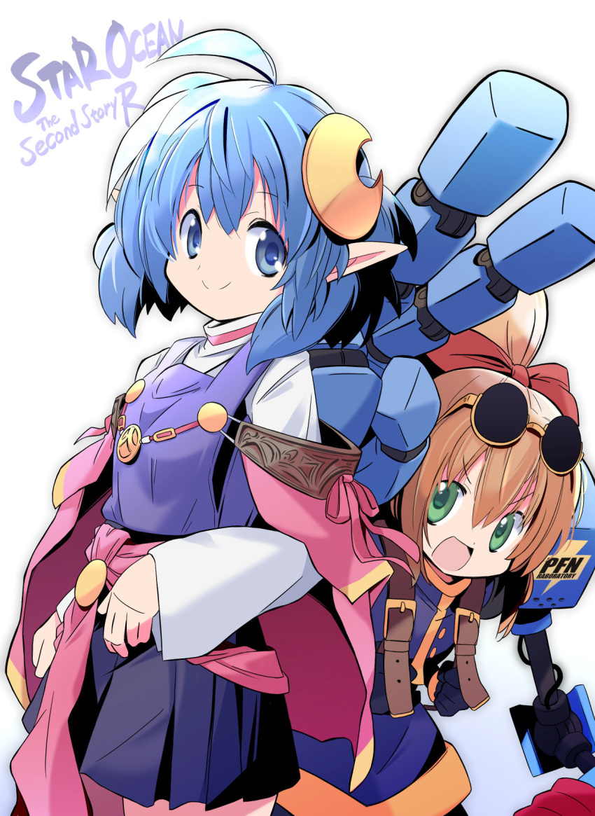 2girls :d ahoge black_gloves blue_eyes blue_hair blue_shirt blue_shorts blue_skirt bow brown_hair cape closed_mouth copyright_name cowboy_shot crescent crescent_hair_ornament dot_nose eyewear_on_head gloves green_eyes hair_bow hair_ornament highres looking_at_viewer multiple_girls open_mouth pointy_ears ponytail precis_neumann rascal_(feuille) red_bow red_cape rena_lanford shirt short_hair shorts simple_background skirt smile star_ocean star_ocean_the_second_story sunglasses white_background white_shirt