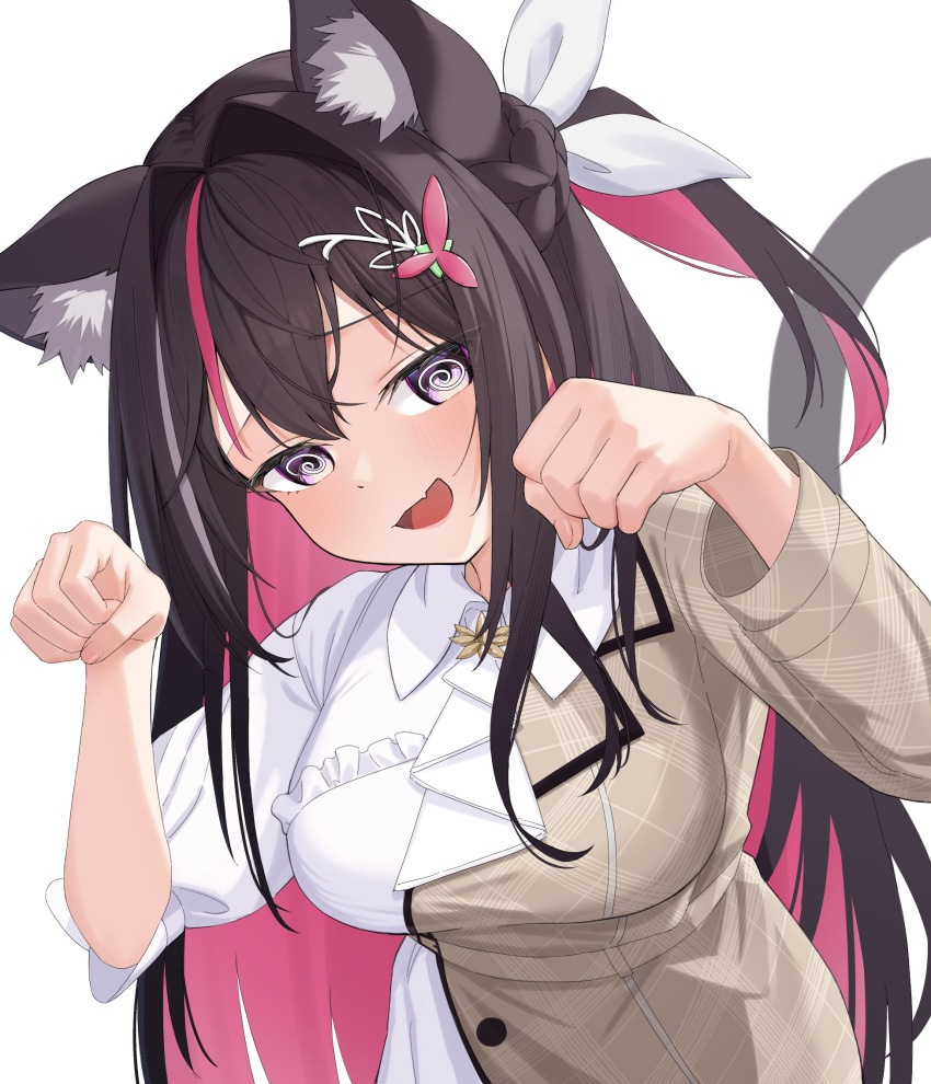 1girl @_@ ai_(u_e_o_o) animal_ear_fluff animal_ears azki_(4th_costume)_(hololive) azki_(hololive) black_hair blush breasts cat_ears cat_girl cat_tail colored_inner_hair dress fang hair_between_eyes hair_intakes hair_ornament hairclip hands_up highres hololive large_breasts long_hair looking_at_viewer multicolored_hair official_alternate_costume open_mouth pink_hair simple_background skin_fang smile solo streaked_hair tail upper_body violet_eyes virtual_youtuber white_background white_dress white_hair