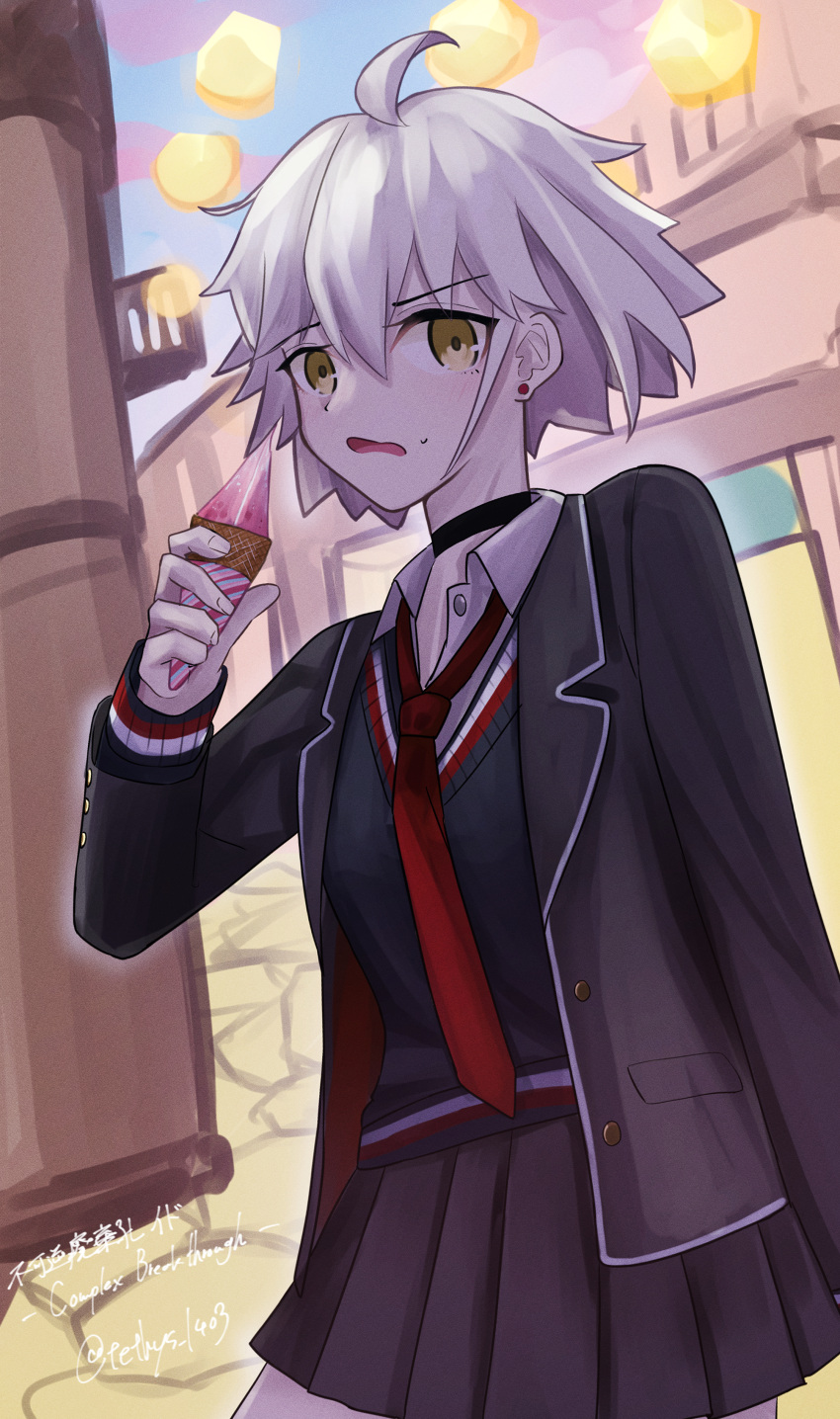 1girl absurdres ahoge black_choker blush choker collared_shirt eating fate/grand_order fate_(series) food grey_hair highres ice_cream jacket jeanne_d'arc_alter_(avenger)_(fate) jeanne_d'arc_alter_(fate) looking_at_viewer necktie official_alternate_costume open_clothes open_jacket shirt short_hair skirt solo sweater yellow_eyes