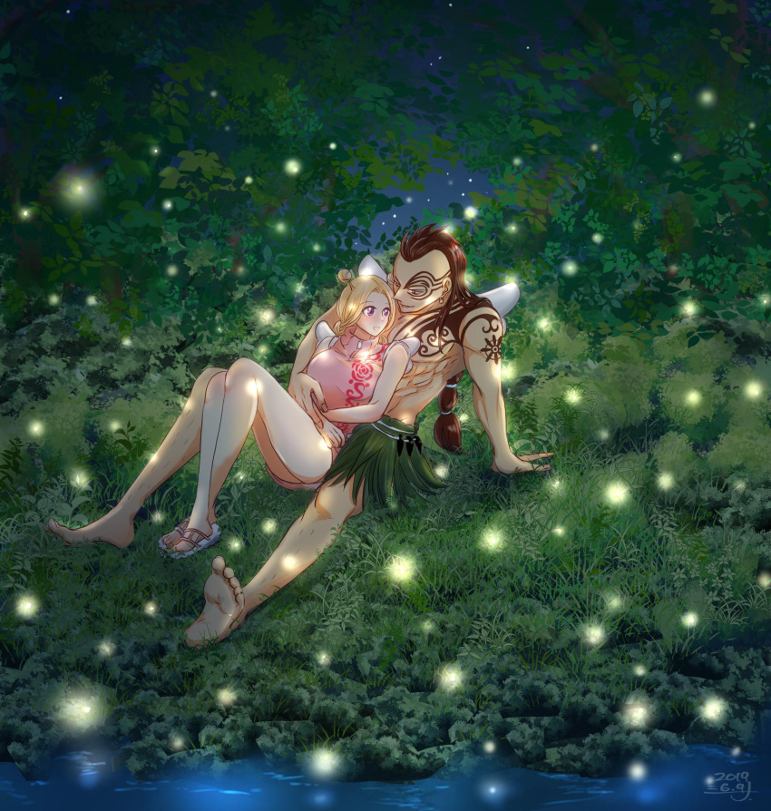 1boy 1girl antenna_hair blonde_hair braid braided_ponytail chest_tattoo conis_(one_piece) dress facial_tattoo fireflies full_body highres hug looking_at_another muscular muscular_male night night_sky on_grass one_piece pink_dress sandals shina_(ooo417ooo) short_dress shoulder_tattoo skirt sky tattoo topless_male tree white_wings wings wyper_(one_piece)